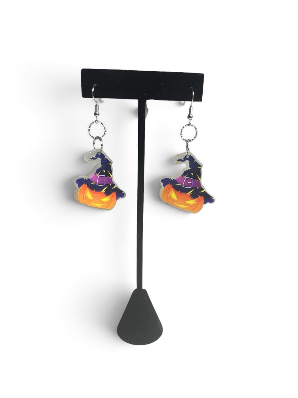 Halloween Glow in the Dark Pumpkin Witch Hat Drop Earrings - Orange & Purple